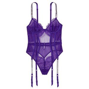 Very Sexy Shine Strap Lace Teddy with Garters - NWT